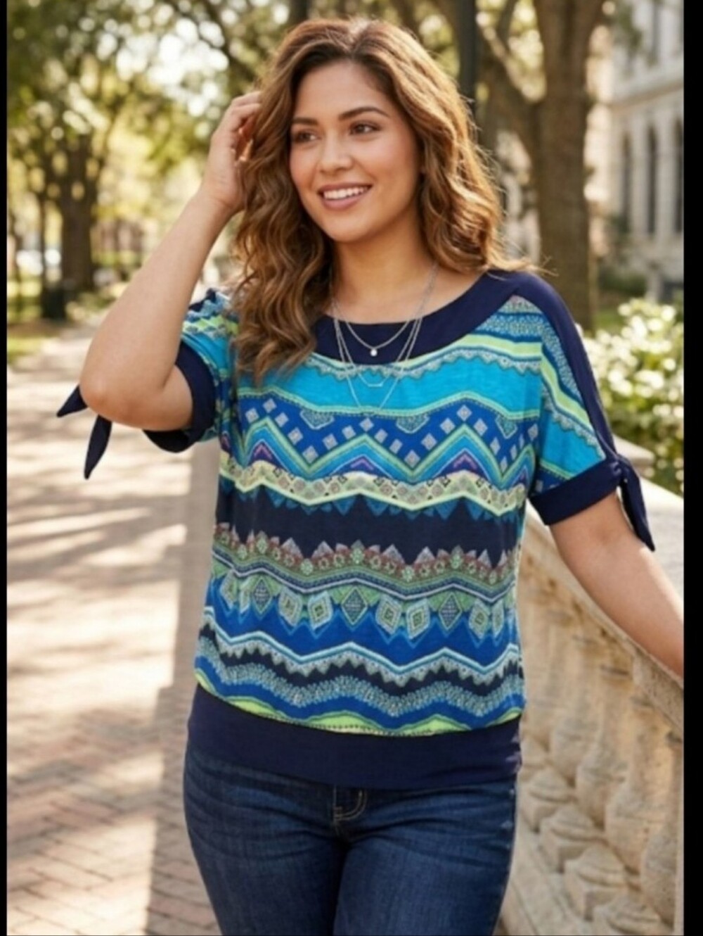 Plus-Size Navy & Aqua Printed Tie-Sleeve Top